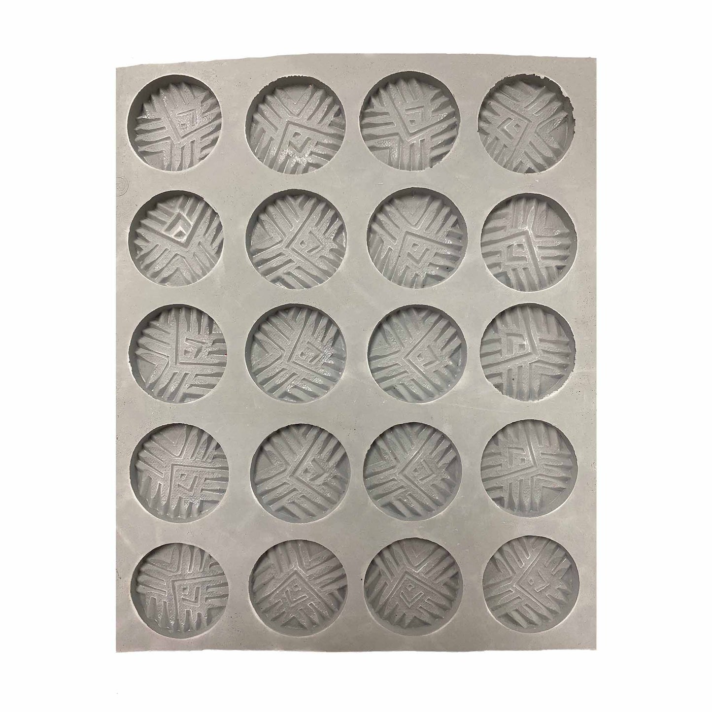 Full sheet of Fancy Mint #3 rubber mint molds featuring 20 circular cavities with bold, embossed geometric designs.