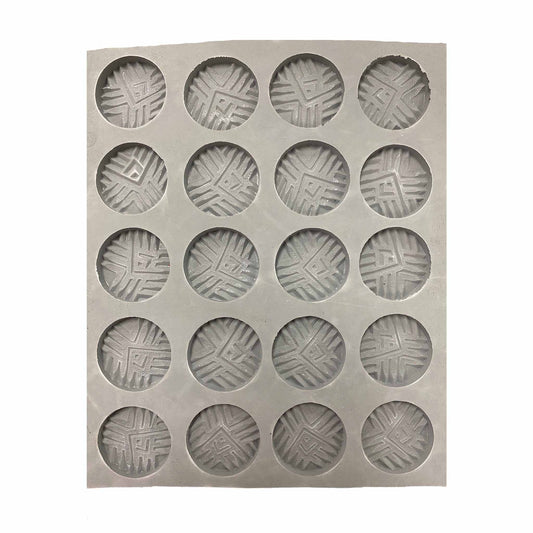 Full sheet of Fancy Mint #3 rubber mint molds featuring 20 circular cavities with bold, embossed geometric designs.