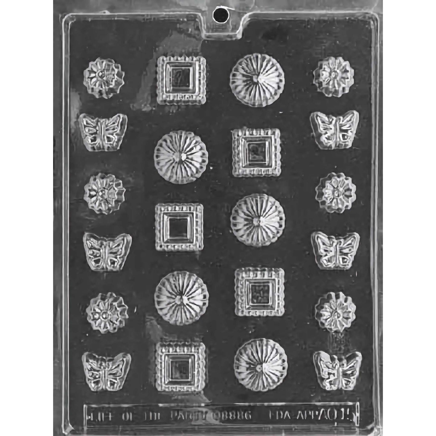 Fancy Assortment chocolate mold with 18 cavities featuring designs such as butterflies, flowers, and intricate squares, made from food-grade plastic.
