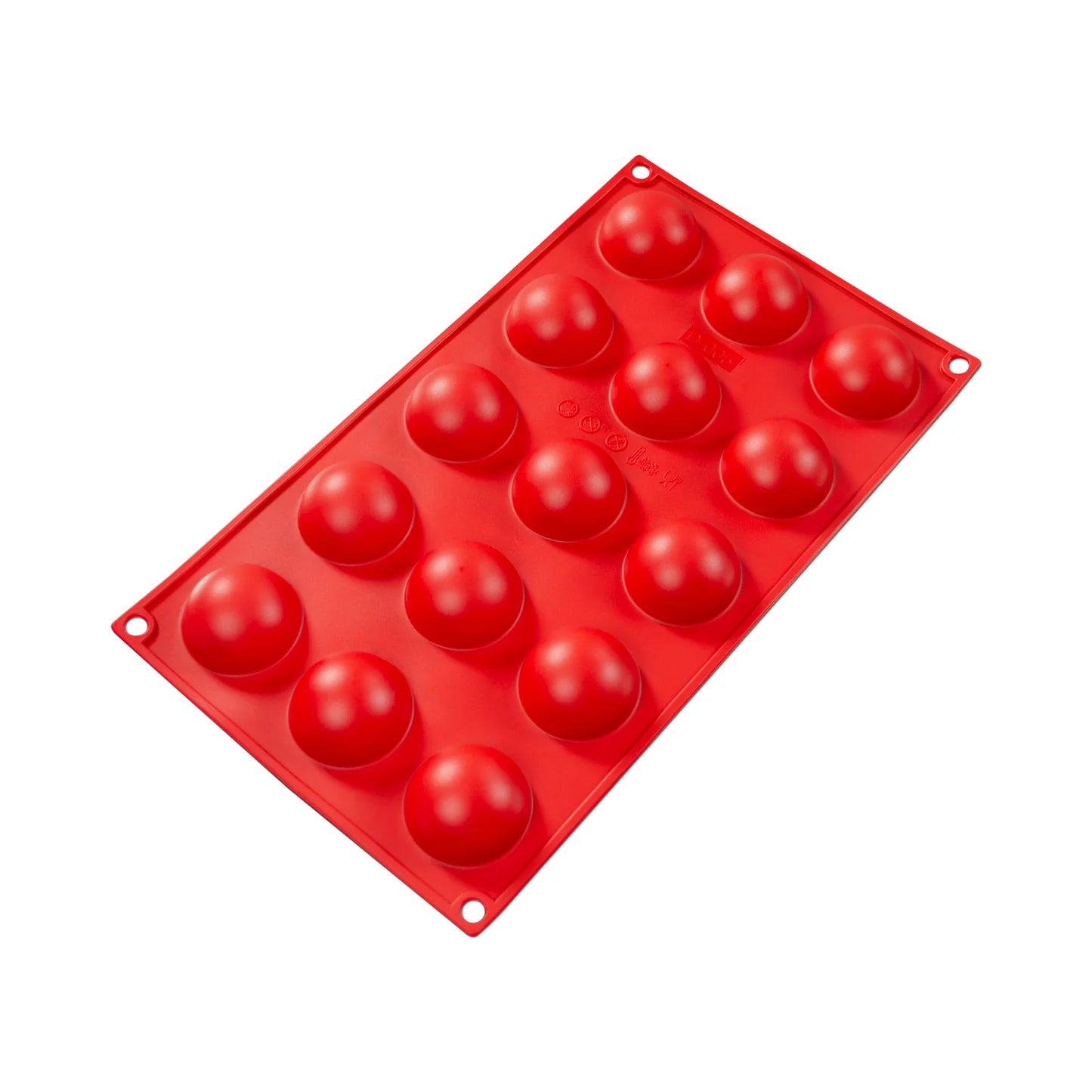 Fat Daddio's Silicone 15-Cavity Baking Mold in red, featuring fifteen small round cavities. Made from food-grade silicone, flexible, non-stick, and temperature-safe from -40°F to 550°F.
