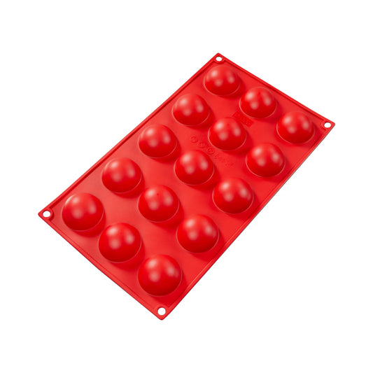 Fat Daddio's Silicone 15-Cavity Baking Mold in red, featuring fifteen small round cavities. Made from food-grade silicone, flexible, non-stick, and temperature-safe from -40°F to 550°F.