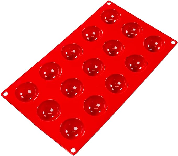 Fat Daddio's Silicone 15-Cavity Baking Mold in red, featuring fifteen small round cavities. Made from food-grade silicone, flexible, non-stick, and temperature-safe from -40°F to 550°F.