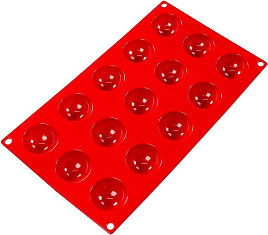 Fat Daddio's Silicone 15-Cavity Baking Mold in red, featuring fifteen small round cavities. Made from food-grade silicone, flexible, non-stick, and temperature-safe from -40°F to 550°F.