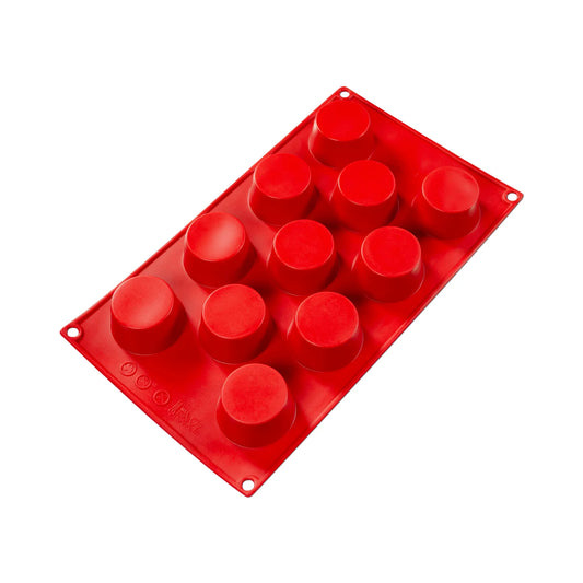 Fat Daddio's Silicone 11-Cavity Baking Mold in red, made from food-grade silicone. Features eleven round cavities, a flexible non-stick design, and is temperature-safe from -40°F to 550°F.