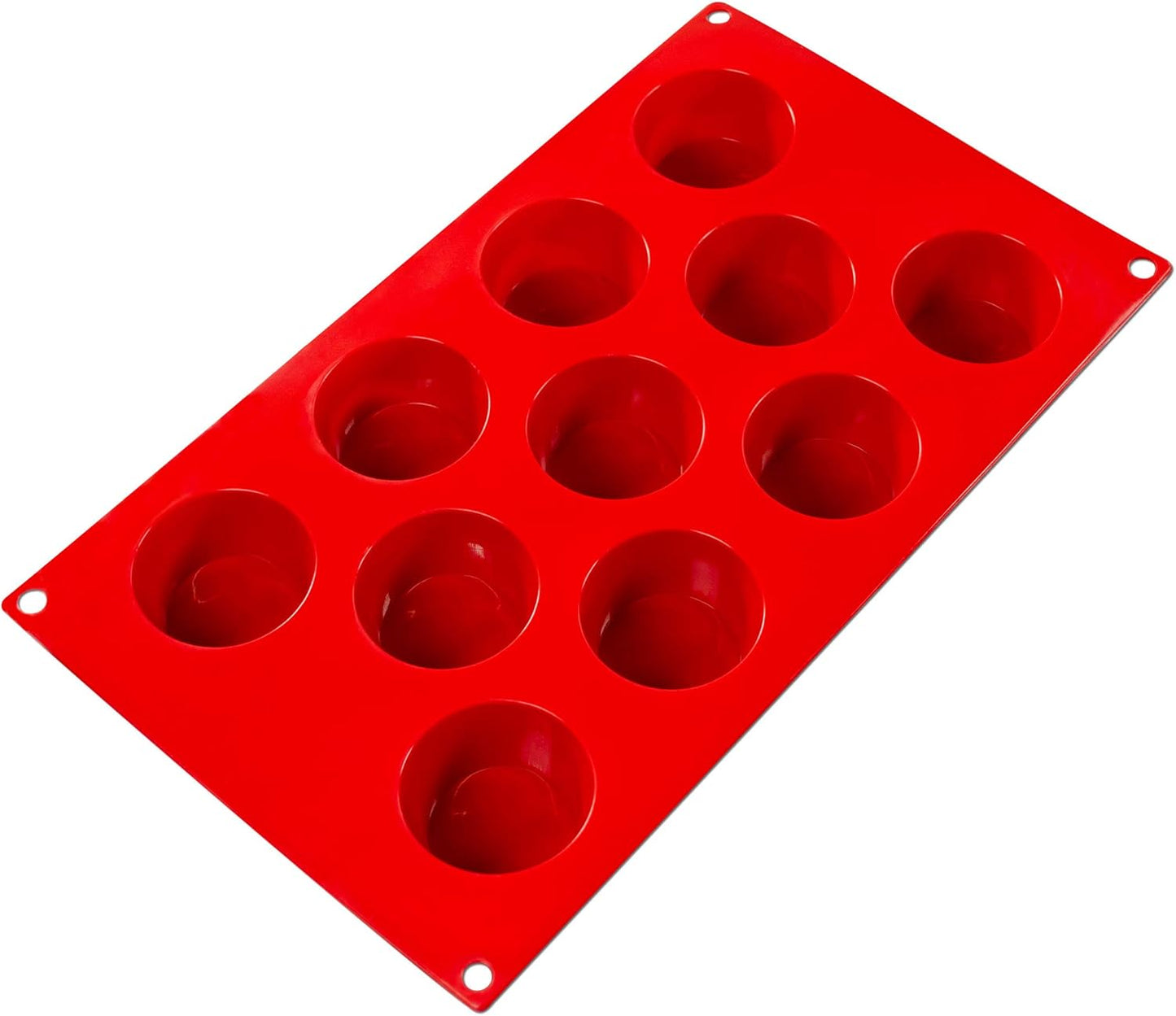 Fat Daddio's Silicone 11-Cavity Baking Mold in red, made from food-grade silicone. Features eleven round cavities, a flexible non-stick design, and is temperature-safe from -40°F to 550°F.