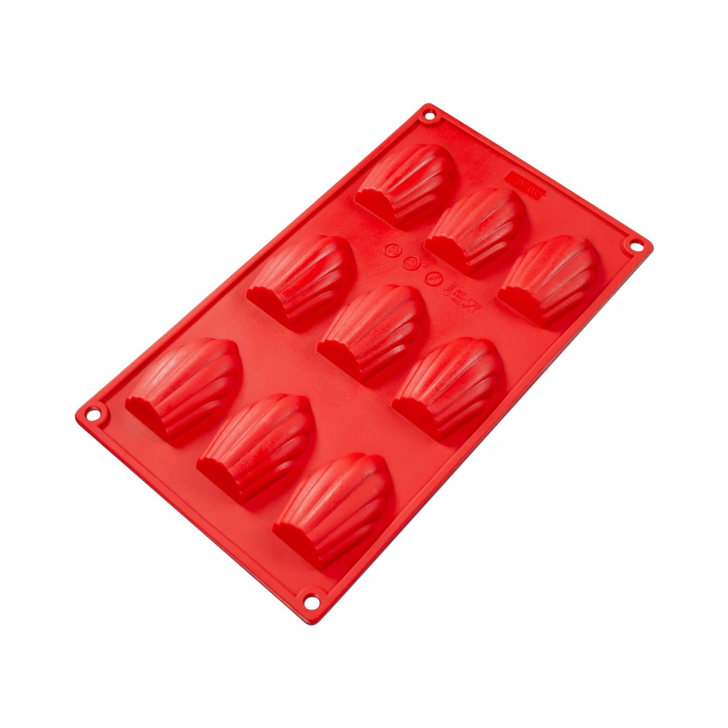 Fat Daddio's Silicone Madeleine Mold in red, featuring nine classic madeleine cavities. Made from food-grade silicone, flexible, non-stick, and temperature-safe from -40°F to 550°F.