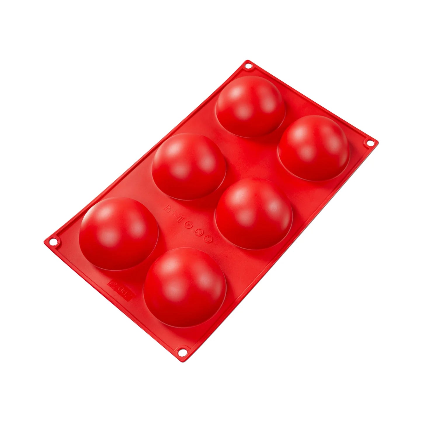 Fat Daddio's Silicone Baking Mold with six round cavities. Made from red food-grade silicone, flexible, non-stick, and temperature-safe from -40°F to 550°F.