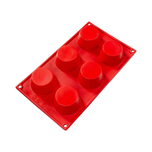 Fat Daddio's Silicone 6-Cavity Baking Mold in red, made from food-grade silicone. Features six round cavities, a flexible non-stick design, and is temperature-safe from -40°F to 550°F.