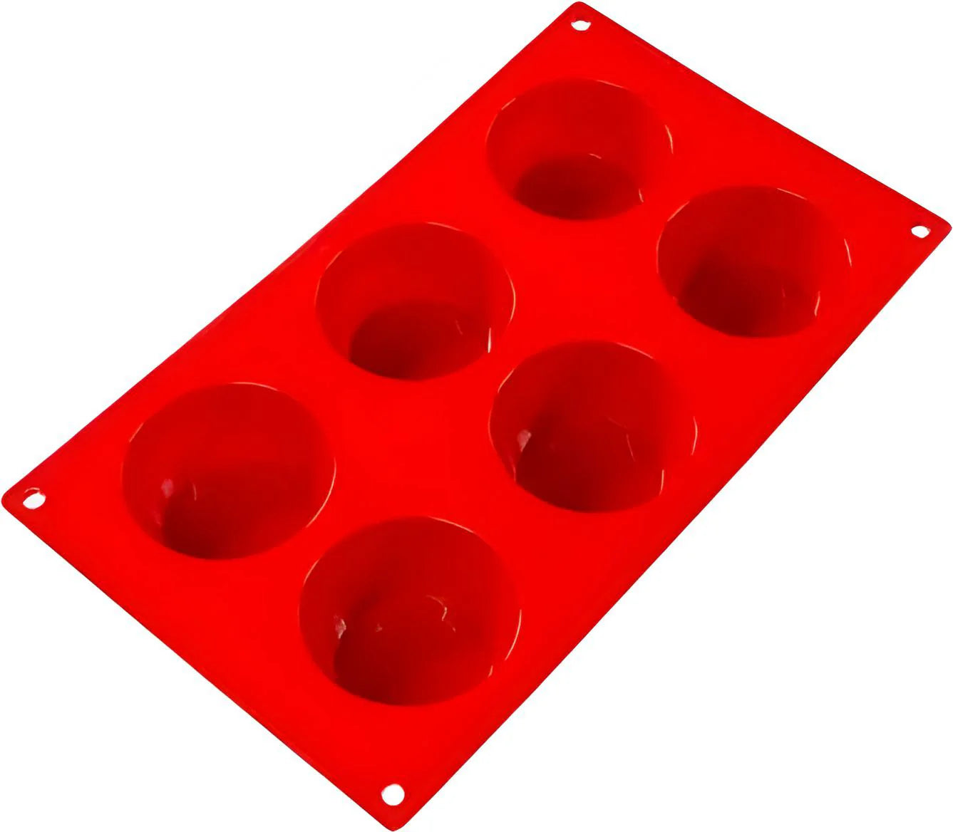 Fat Daddio's Silicone 6-Cavity Baking Mold in red, made from food-grade silicone. Features six round cavities, a flexible non-stick design, and is temperature-safe from -40°F to 550°F.