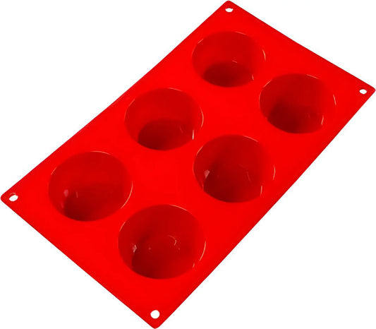 Fat Daddio's Silicone 6-Cavity Baking Mold in red, made from food-grade silicone. Features six round cavities, a flexible non-stick design, and is temperature-safe from -40°F to 550°F.