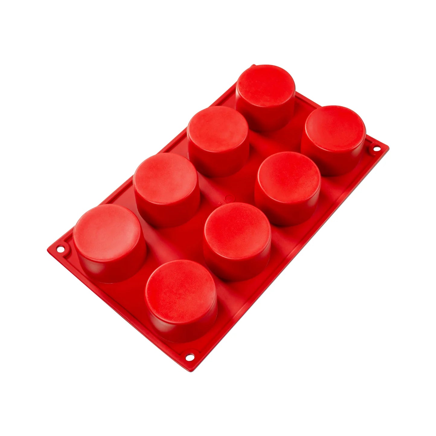 Fat Daddio's Cylinder Silicone Mold in red, featuring eight cylindrical cavities. Made from food-grade silicone, flexible, non-stick, and temperature-safe from -40°F to 550°F.
