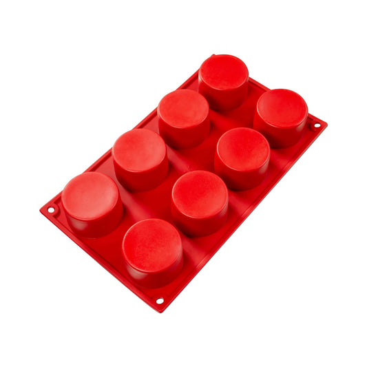 Fat Daddio's Cylinder Silicone Mold in red, featuring eight cylindrical cavities. Made from food-grade silicone, flexible, non-stick, and temperature-safe from -40°F to 550°F.