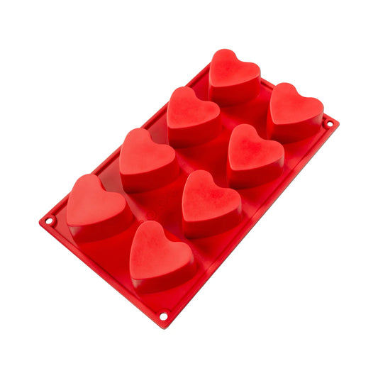 Fat Daddio's Silicone Heart Mold in red, featuring eight heart-shaped cavities. Made from food-grade silicone, flexible, non-stick, and temperature-safe from -40°F to 550°F.