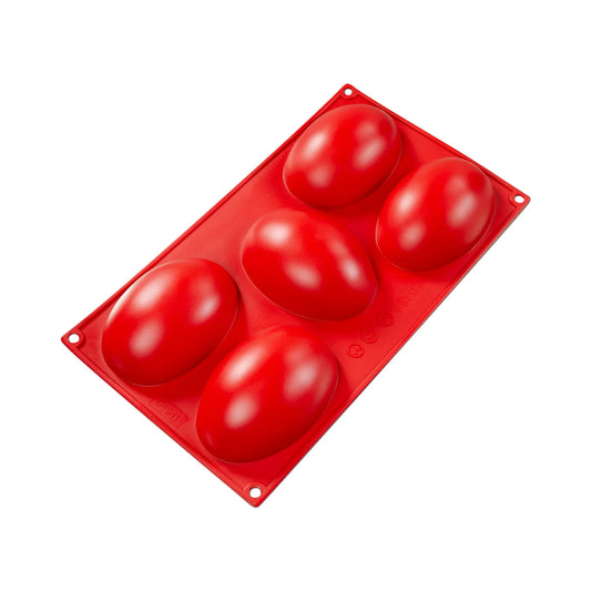 Fat Daddio's Silicone Half Egg Mold in red, featuring six half-egg cavities. Made from food-grade silicone, flexible, non-stick, and temperature-safe from -40°F to 550°F.