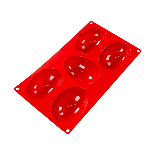 Fat Daddio's Silicone Half Egg Mold in red, featuring six half-egg cavities. Made from food-grade silicone, flexible, non-stick, and temperature-safe from -40°F to 550°F.