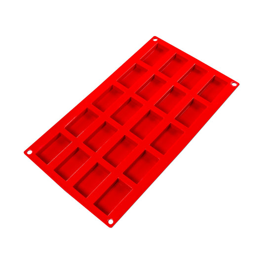 A vibrant red silicone baking mold from Fat Daddio’s featuring twenty rectangular cavities designed for making financiers. The top view shows the mold's glossy, non-stick surface and the perfectly shaped cavities, which are ideal for baking bite-sized, rectangular treats. The evenly spaced cavities allow for consistent baking, and the mold includes holes at the corners for convenient handling and storage.