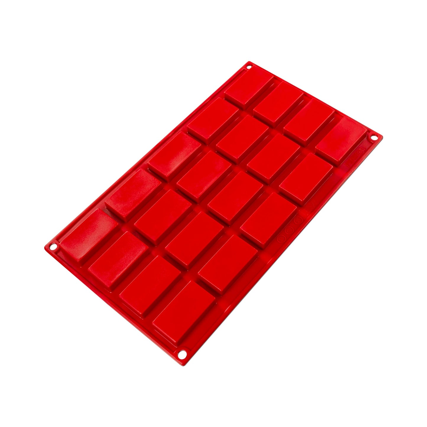 The bottom view of Fat Daddio’s red silicone financier mold, illustrating the sturdy and flexible construction with twenty uniform rectangular protrusions. Each cavity is designed to create crisp edges and a smooth surface for the financiers, showcasing the high-quality design of the mold. The silicone material promises an easy release of the baked goods, ensuring a professional finish.