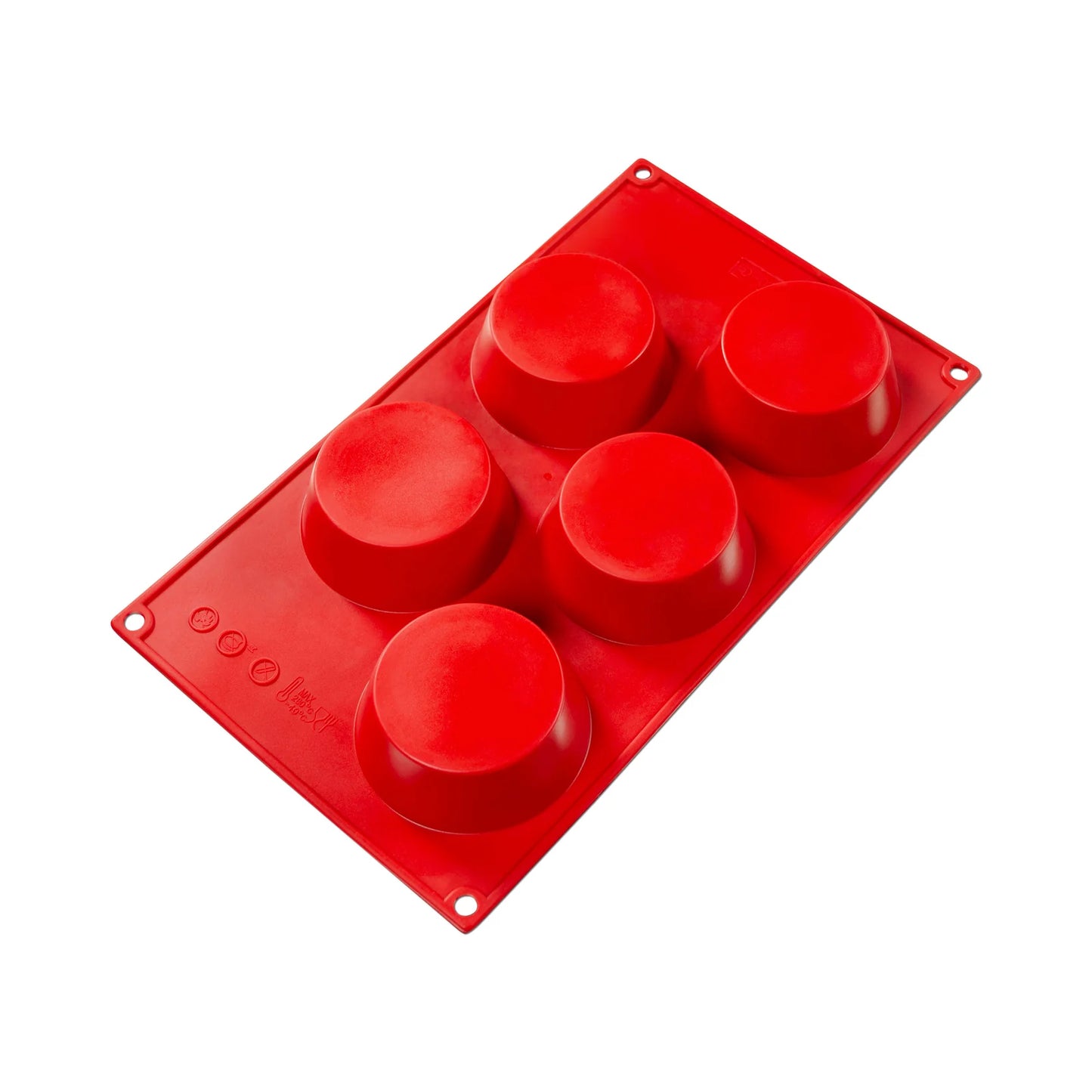 Fat Daddio's Silicone 4.57 Oz Baking Muffin Mold with five round cavities. Made from red food-grade silicone, flexible, non-stick, and temperature-safe from -40°F to 550°F.