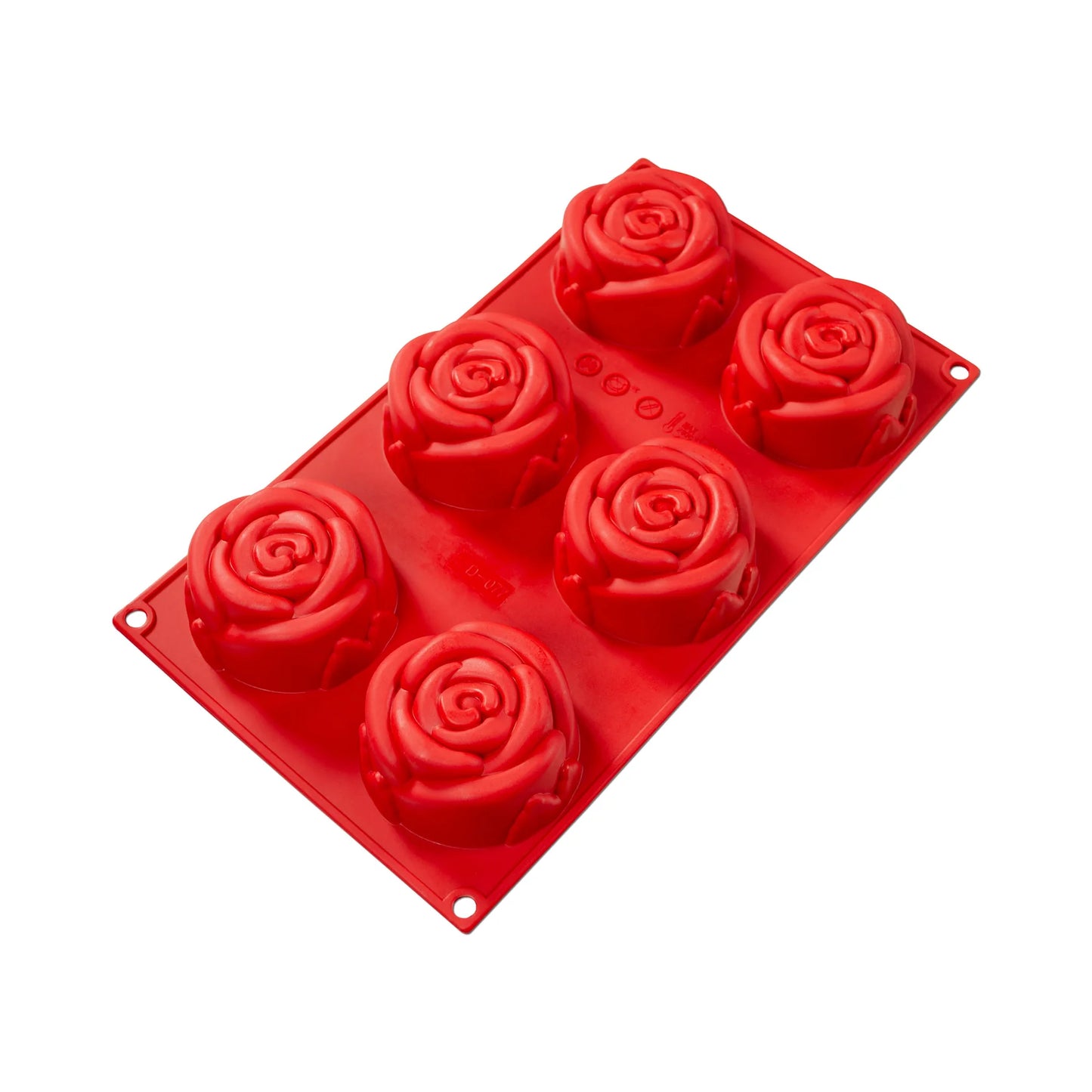 Fat Daddio's Silicone Baking Rose Mold with 6 cavities, made from red food-grade silicone. The mold features intricate rose-shaped cavities for baking mousse, cupcakes, brownies, and more. Flexible, durable, and temperature-safe from -40°F to 550°F.