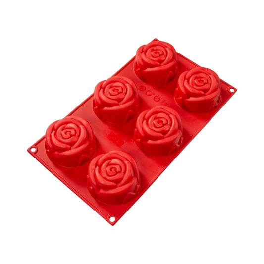 Fat Daddio's Silicone Baking Rose Mold with 6 cavities, made from red food-grade silicone. The mold features intricate rose-shaped cavities for baking mousse, cupcakes, brownies, and more. Flexible, durable, and temperature-safe from -40°F to 550°F.