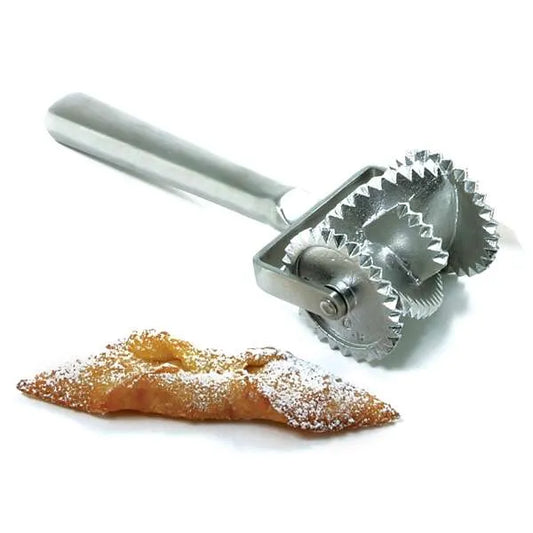 Fattigmann cutter beside a fried, twist-shaped cookie dusted with powdered sugar, illustrating the diamond cut with center slit; Norwegian cookie tool.