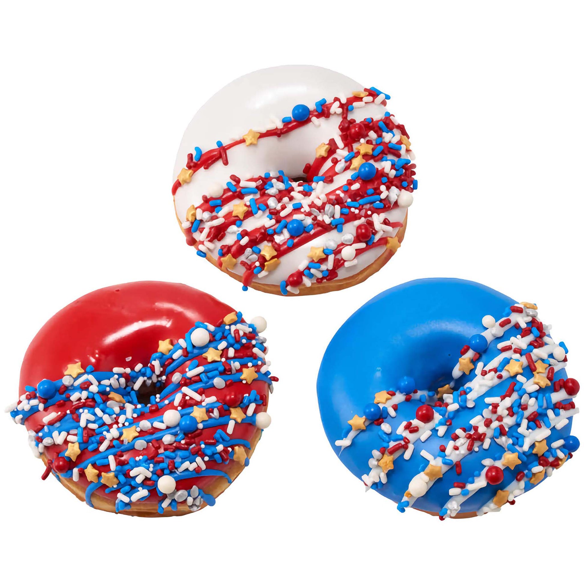 Assortment of donuts with patriotic red, white, and blue glazes, sprinkled with Firecracker Deluxe Sprinkle Blend, including red and blue sprinkles and white stars, great for Independence Day treats.