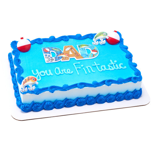 Sheet cake with “You are Fintastic” message and “DAD” plaque, decorated with fishing lure rings and red bobbers.