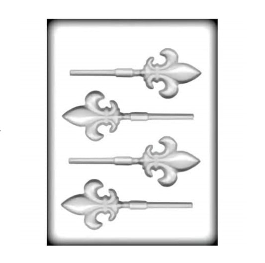A hard candy mold featuring four fleur-de-lis shaped suckers with sticks. The mold is designed to create detailed, elegant fleur-de-lis shapes atop slender sticks, ideal for creating sophisticated lollipop treats.