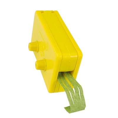 Yellow JEM Tape Cutter and Shredder tool with green florist tape being fed through, designed for sugar flower spray work and ribbon cutting.
