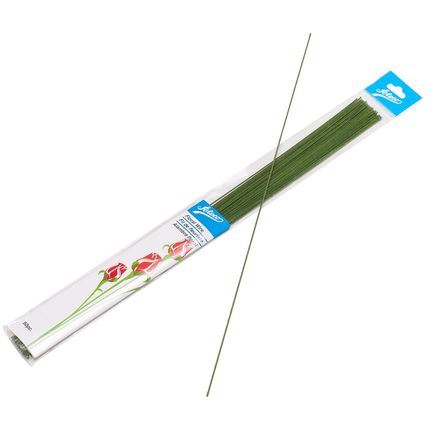 Green floral wire for cake decorating, packaged in a clear sleeve with a blue label, featuring 50 paper-covered steel wires measuring 14 inches each.