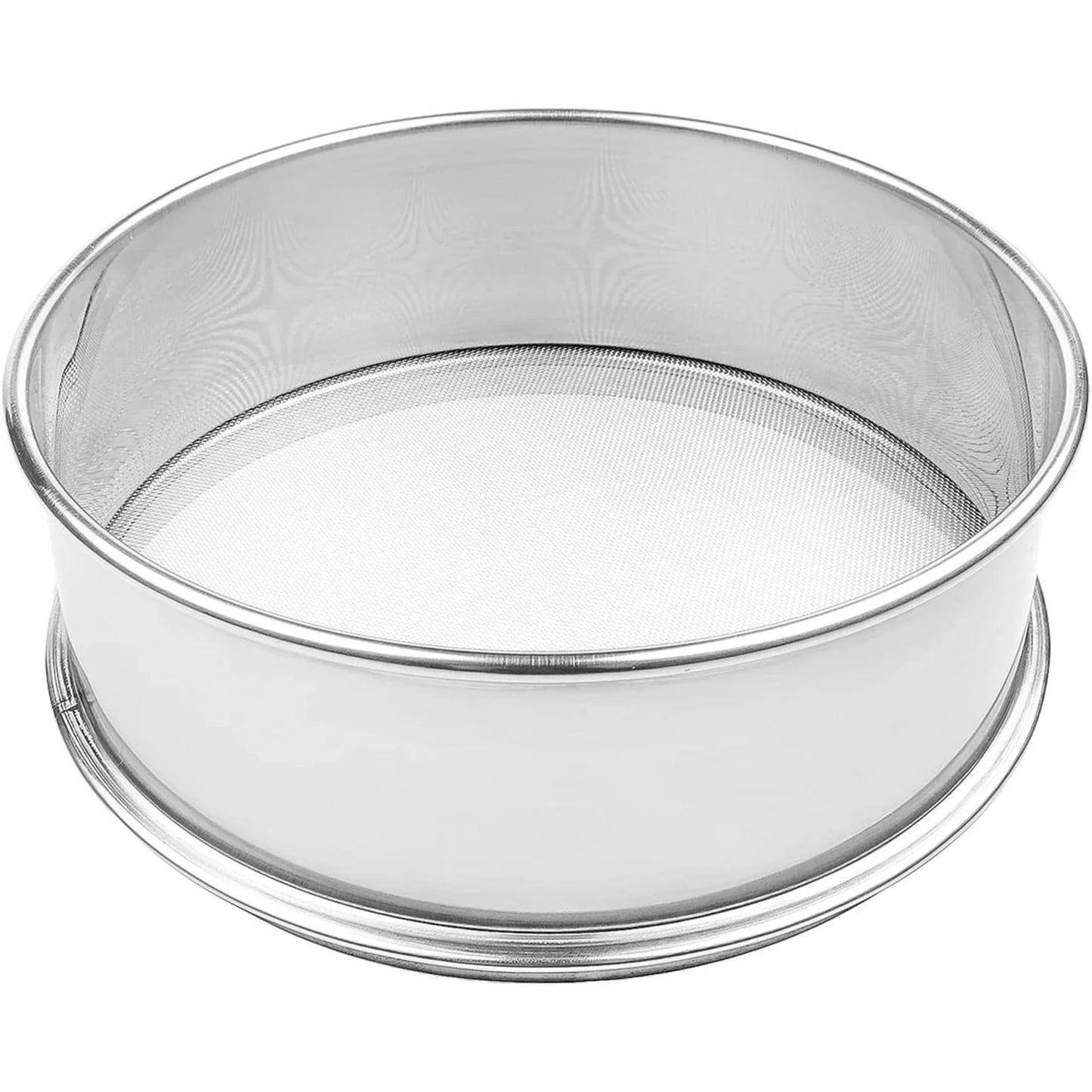 Stainless steel flour sifter with an 8-inch round frame, fine mesh screen bottom, and rolled rim, photographed on a white background.