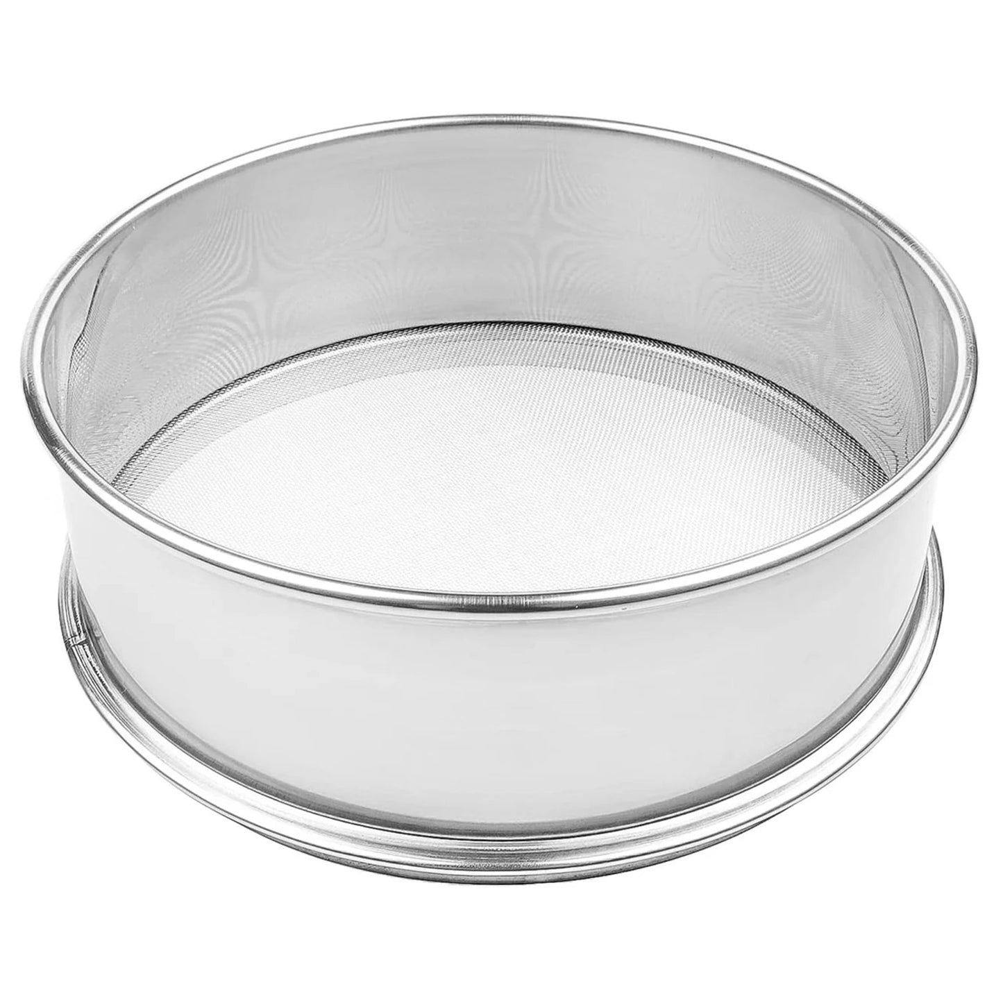 Stainless steel flour sifter with a fine mesh bottom and rolled rim, shown as a round 8-inch sifting screen on a white background.