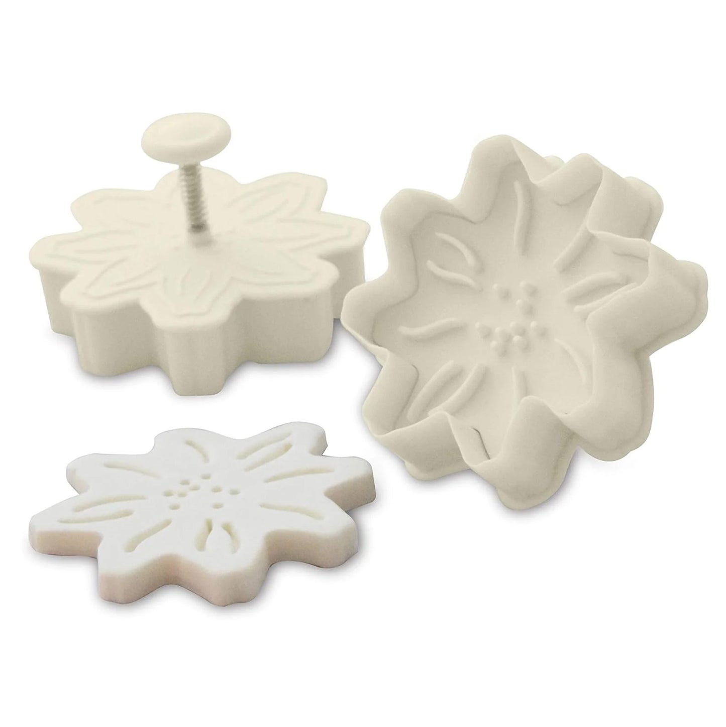 White 2-inch flower plunger cutter shown in three views, including the plunger top with a small button, the flower-shaped cutting edge, and an embossed flower stamp impression.