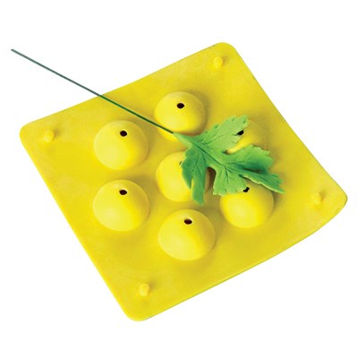 JEM Flower Support 3A yellow drying tray with six domed wells and center holes, ideal for wired sugar flowers and leaves.
