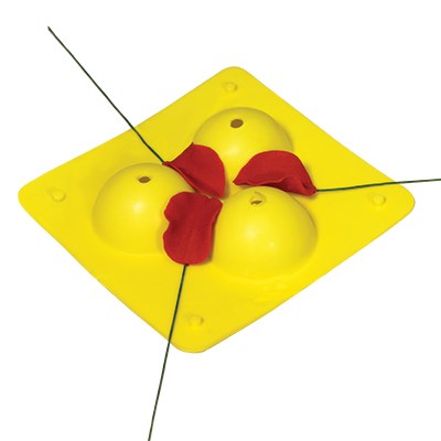 JEM Flower Support 3B with three deep domes and wire holes, drying red sugar petals on yellow tray for cake decorating.