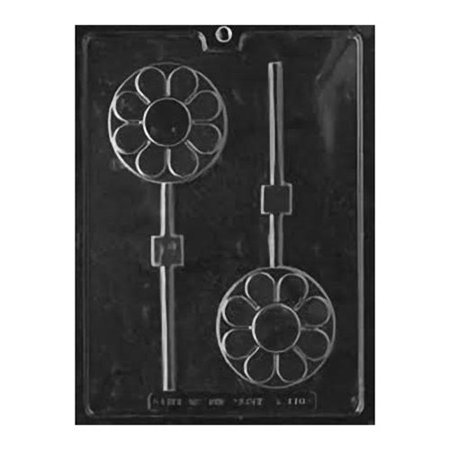 Charming Flower Round Chocolate Lollipop Mold, which showcases a central flower in full bloom with detailed petals, surrounded by a smooth, circular border. This design is wonderful for spring celebrations, as a Mother's Day treat, or to add a touch of floral beauty to any dessert table.