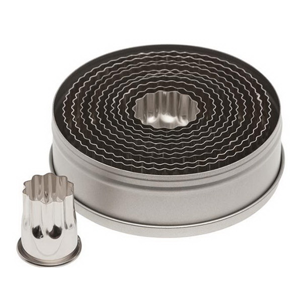 Set of 11 stainless steel fluted round cutters from Ateco, neatly nested in a round tin with one cutter displayed separately.