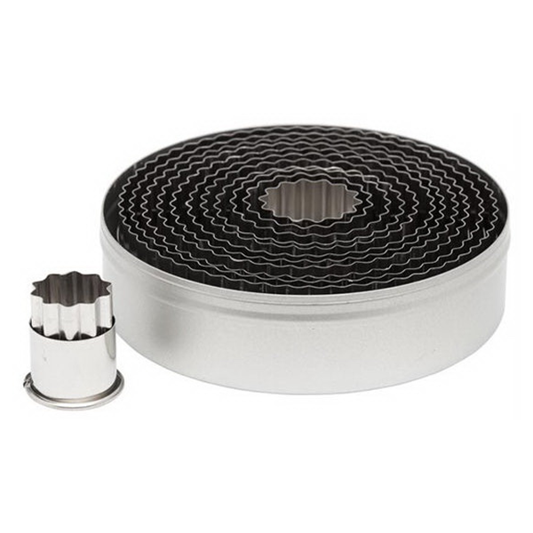 Set of 12 stainless steel fluted round cutters from Ateco, neatly nested in a round tin with one cutter displayed separately.