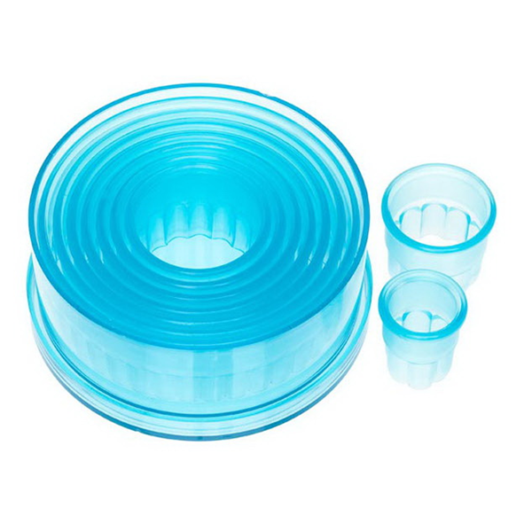 Ateco 5707 9-piece fluted round cutter set in transparent blue plastic, neatly nested inside a round storage container with two cutters displayed separately.