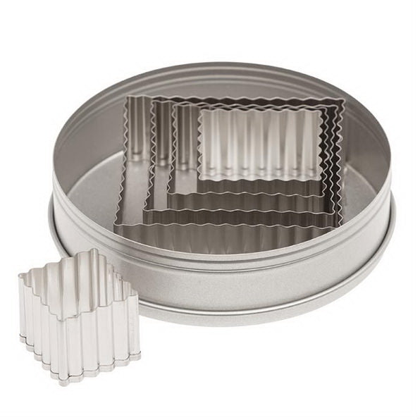 Ateco 5203 5-piece stainless steel fluted square cutter set, neatly nested in a round storage tin.