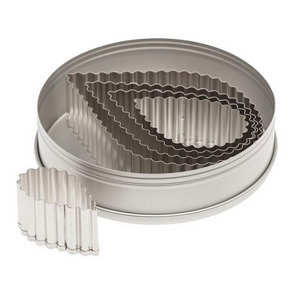 Ateco 5202 5-piece stainless steel fluted tear drop cutter set, neatly nested in a round storage tin.