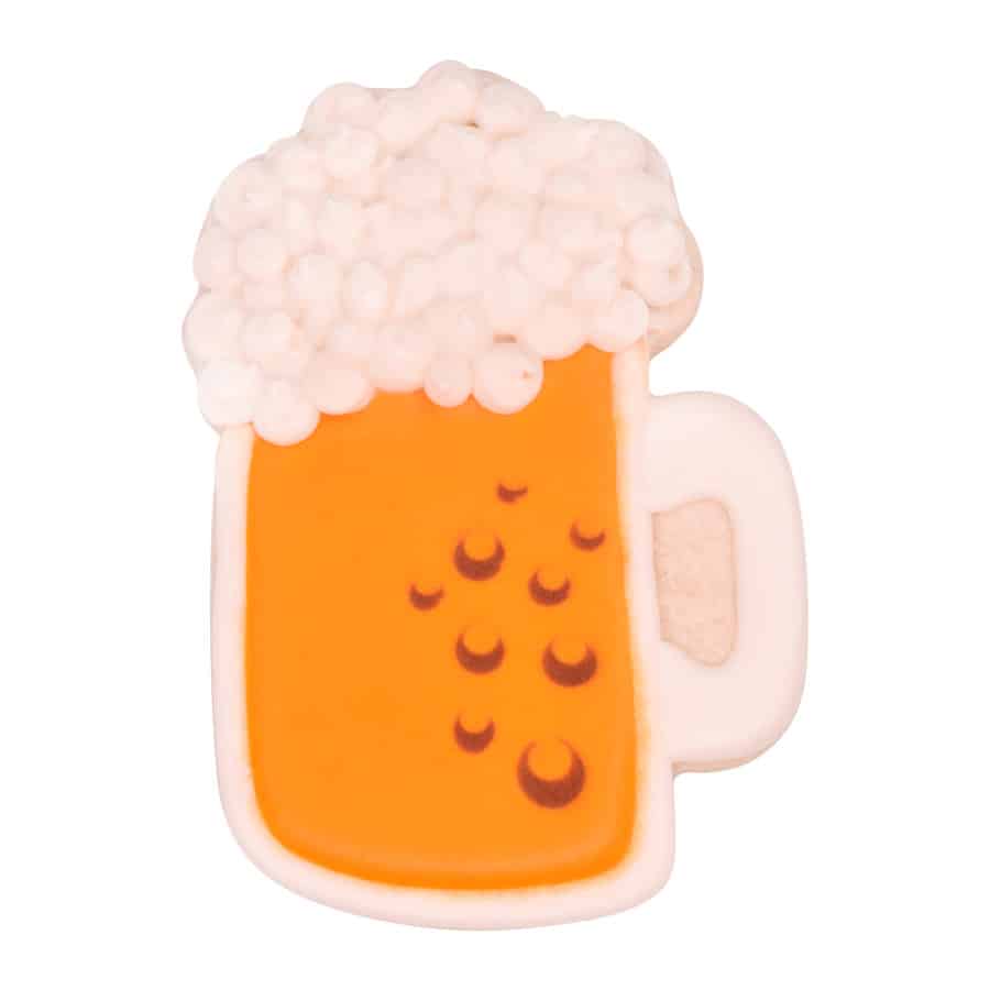 Decorated beer mug cookie with frothy foam detail, perfect for St. Patrick’s Day or pub-themed events.