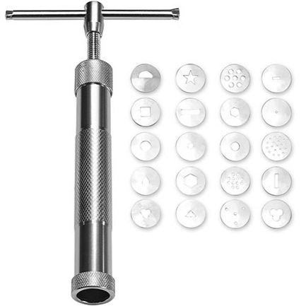 Aluminum fondant extruder with 16 stainless steel design discs for cake and sugar paste decorating.