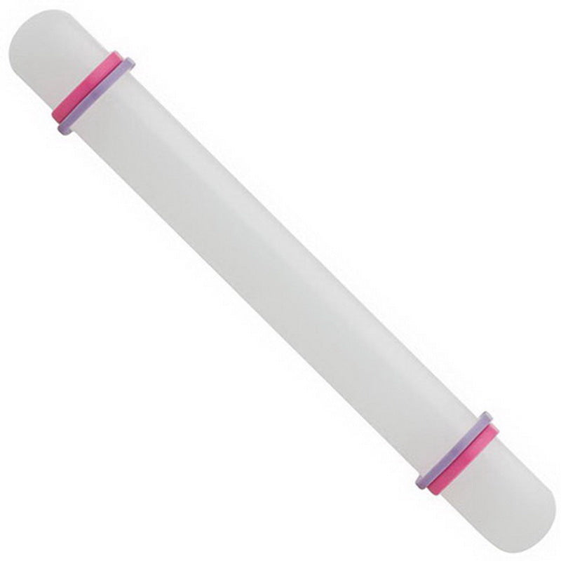 Ateco 7512 8 3/4" plastic dowel rolling pin with removable guide rings for precise fondant thickness control.