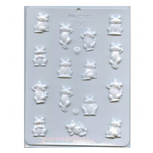 This is a hard candy mold that makes frog shaped hard candies. The frogs are in various poses from standing to laying down.