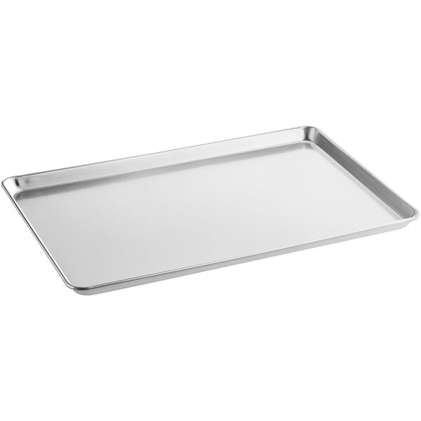 Full size 18x26 aluminum sheet pan with a smooth natural finish, shallow raised edges, and a wire-reinforced beaded rim, set against a white background.