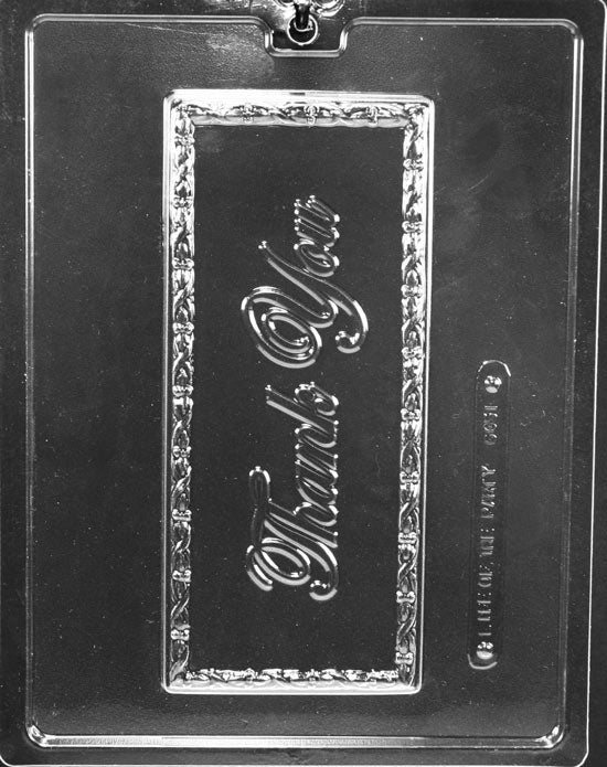 Thank You Script chocolate mold, elongated plaque with cursive lettering.