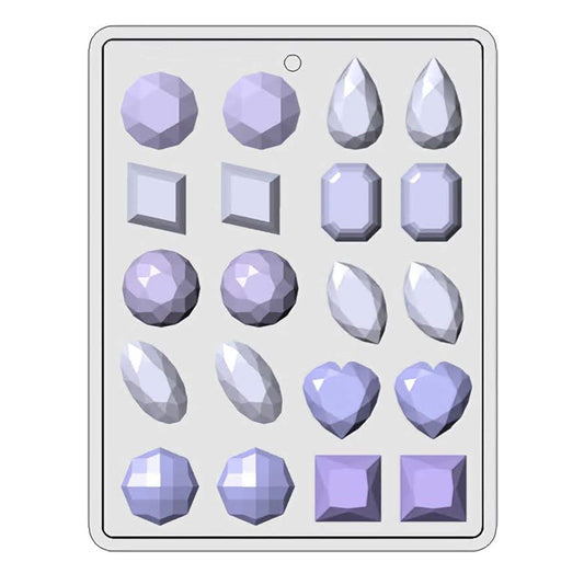 Image of a white plastic hard candy mold with various gemstone shapes. The mold includes round, square, rectangular, oval, heart, and hexagonal faceted gem designs, each reflecting light to create a realistic jewel appearance. The cavities are arranged in three columns with a mix of shapes in each row, allowing for a diverse selection of candy gems. The intricacies of each shape are highlighted by the light, suggesting a three-dimensional and textured surface on each candy cavity.