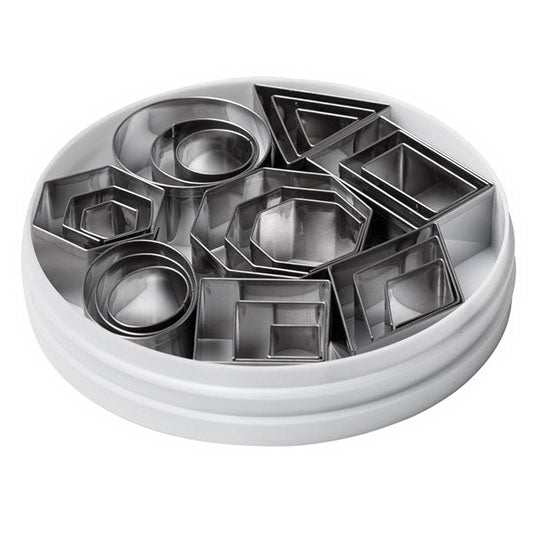 Ateco 4845 24-piece stainless steel geometric cutter set with nested squares, circles, triangles, hexagons, and other shapes, stored in a round container.