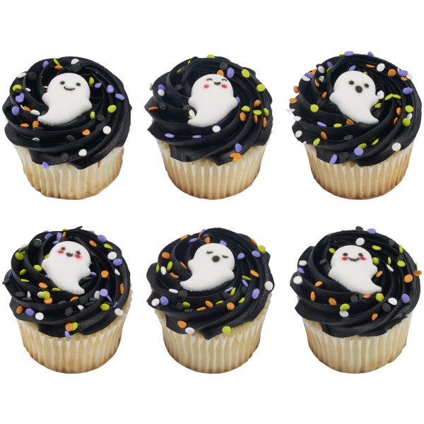 Halloween cupcakes with black frosting, colorful sprinkles, and ghost-shaped sugar decorations.